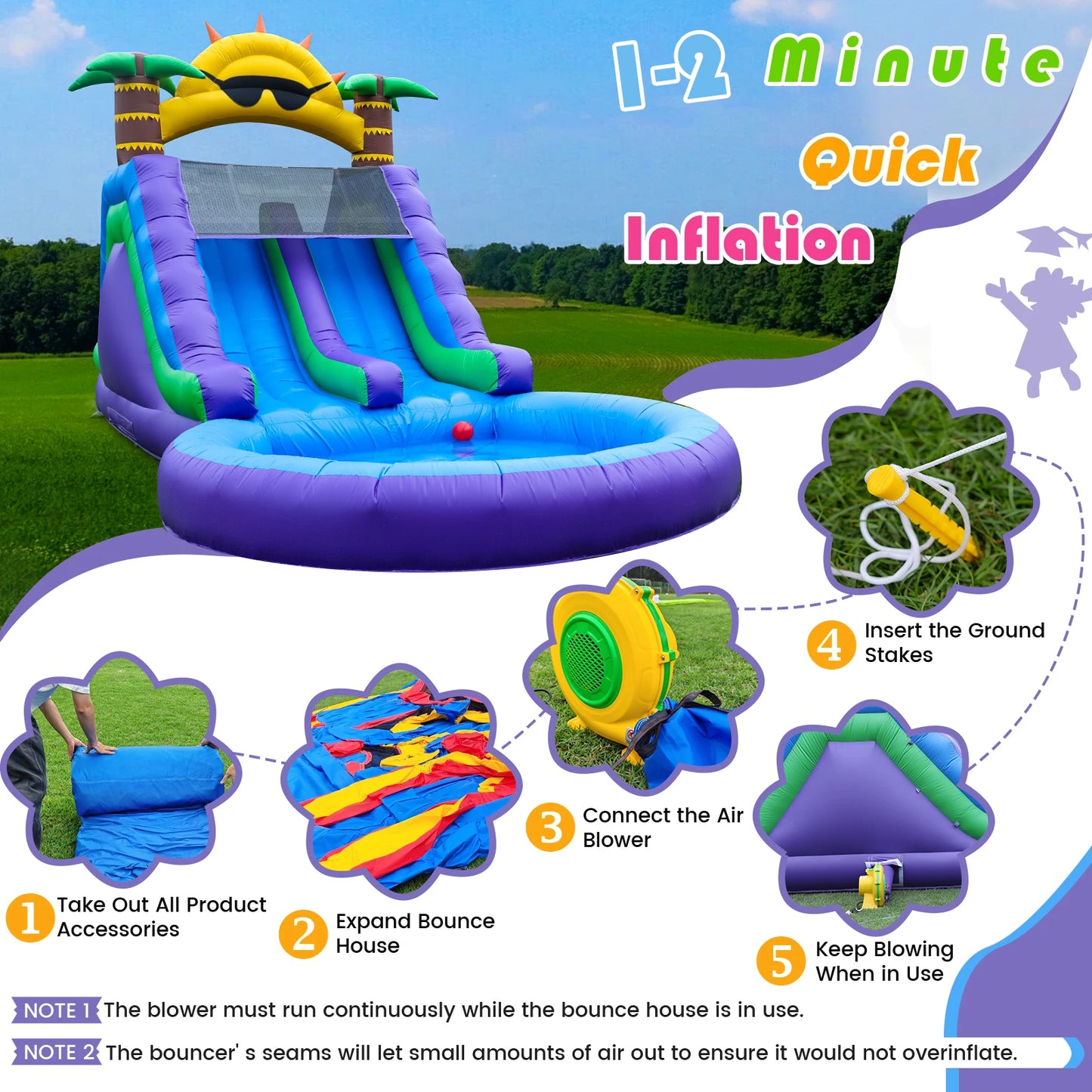 Inflatable sunflower water slide with splash pool, double slides, and air blower