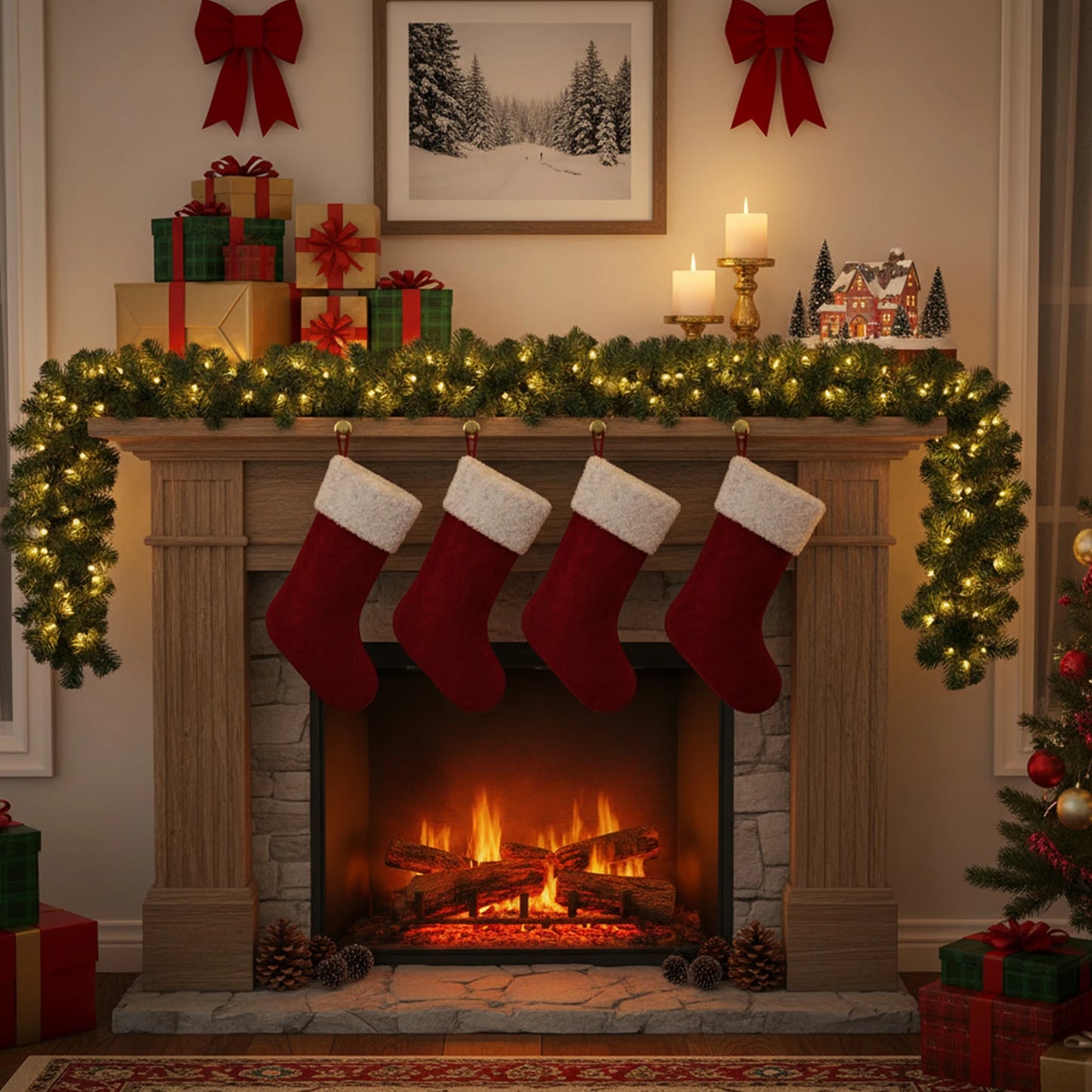 270cm Christmas Wreaths with 50 LED Lights Artificial Front Door Rattens Decor Xmas Faux Garland for Fireplace Stair Xmas Decor