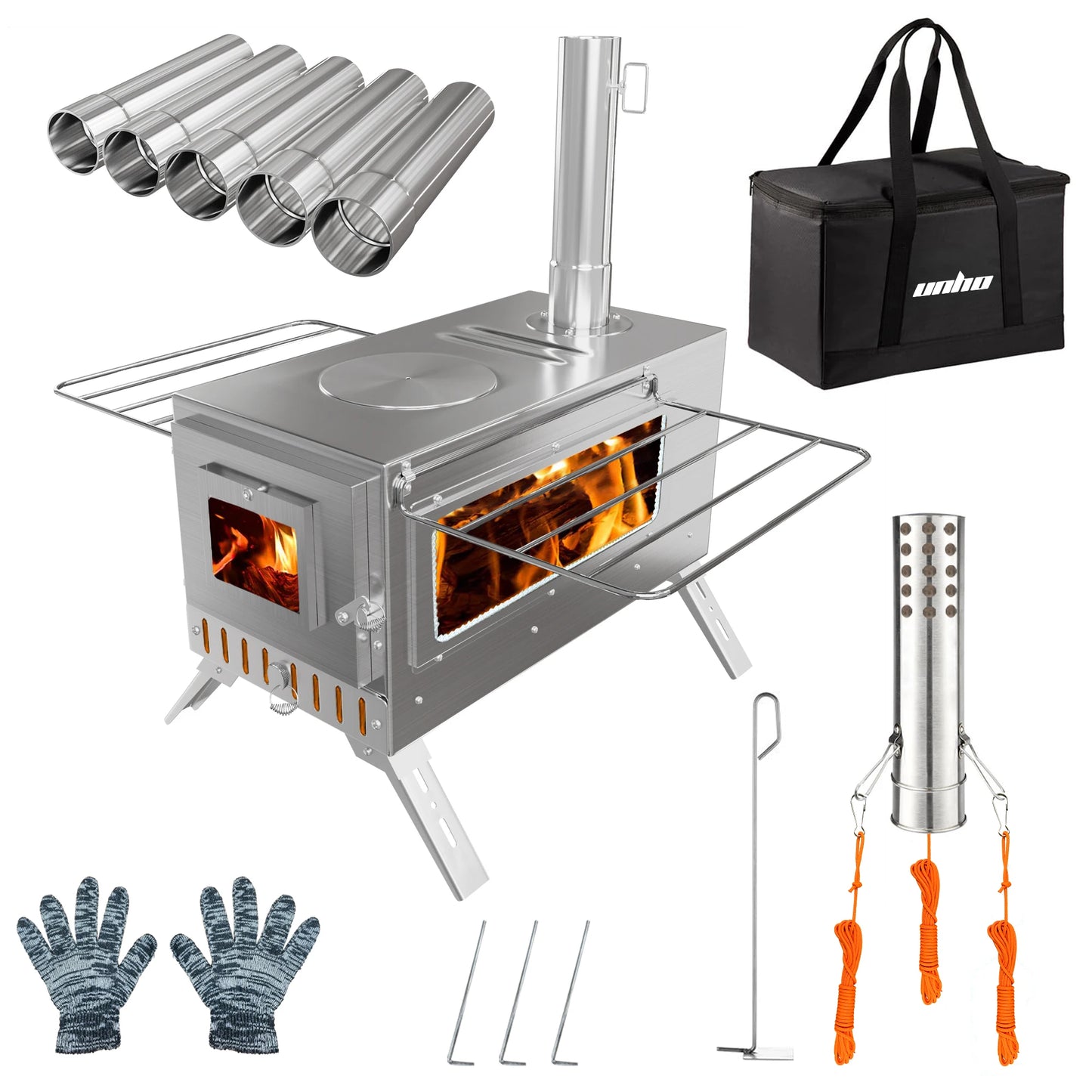 UNHO Portable Stainless Steel Wood Burning Camp Stove – Foldable Tent Heater & Cooker with Chimney Pipes & Accessories