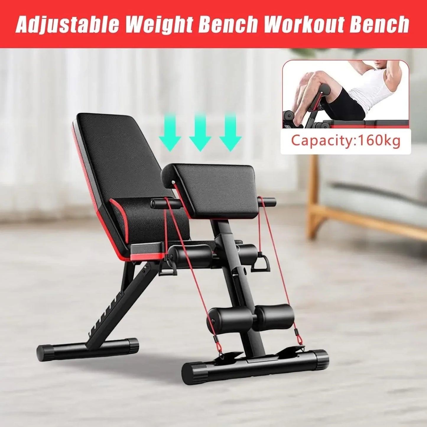 Adjustable Weight Bench with Cushion Support and Resistance Bands