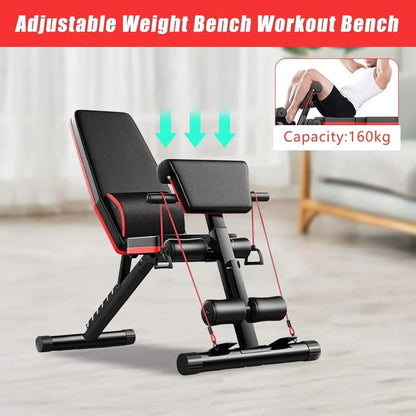 Adjustable Weight Bench with Cushion Support and Resistance Bands