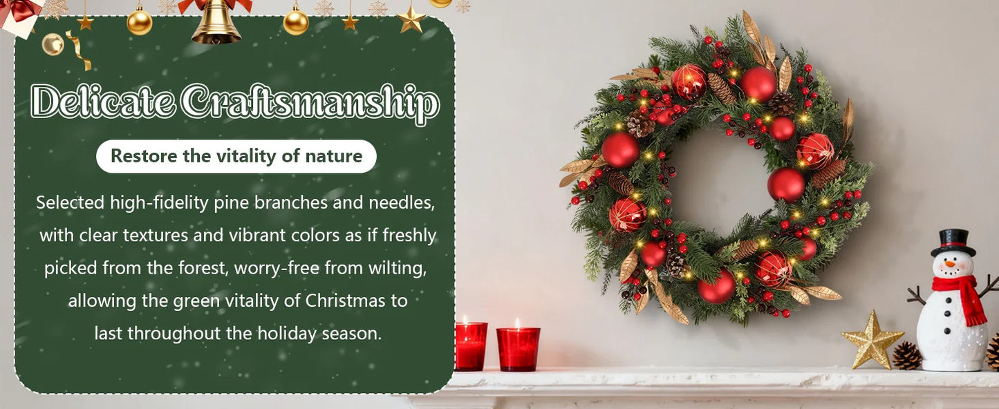 Battery Operated Christmas Wreath 24 Inch  No Cords Needed  50 LED Lights & Shatterproof Berry/Ball Decor, Perfect for Outdoor F