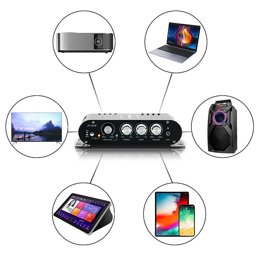 ST-838 HiFi 2.1 Channel Power Amplifier – Stereo Bass Sound Subwoofer Amp for Home & Car Media Players (Black/Silver)