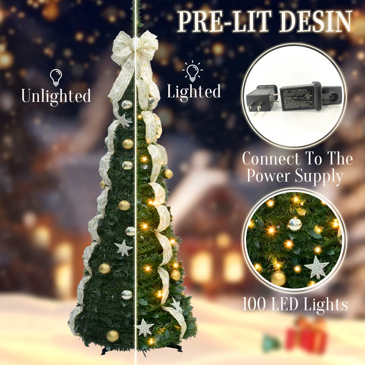 2025 Christmas Decorations 190/180cm Prelit Snow Flocked Artificial Christmas Tree Pop Up 100/200 Lights Party Home Decor Xmas