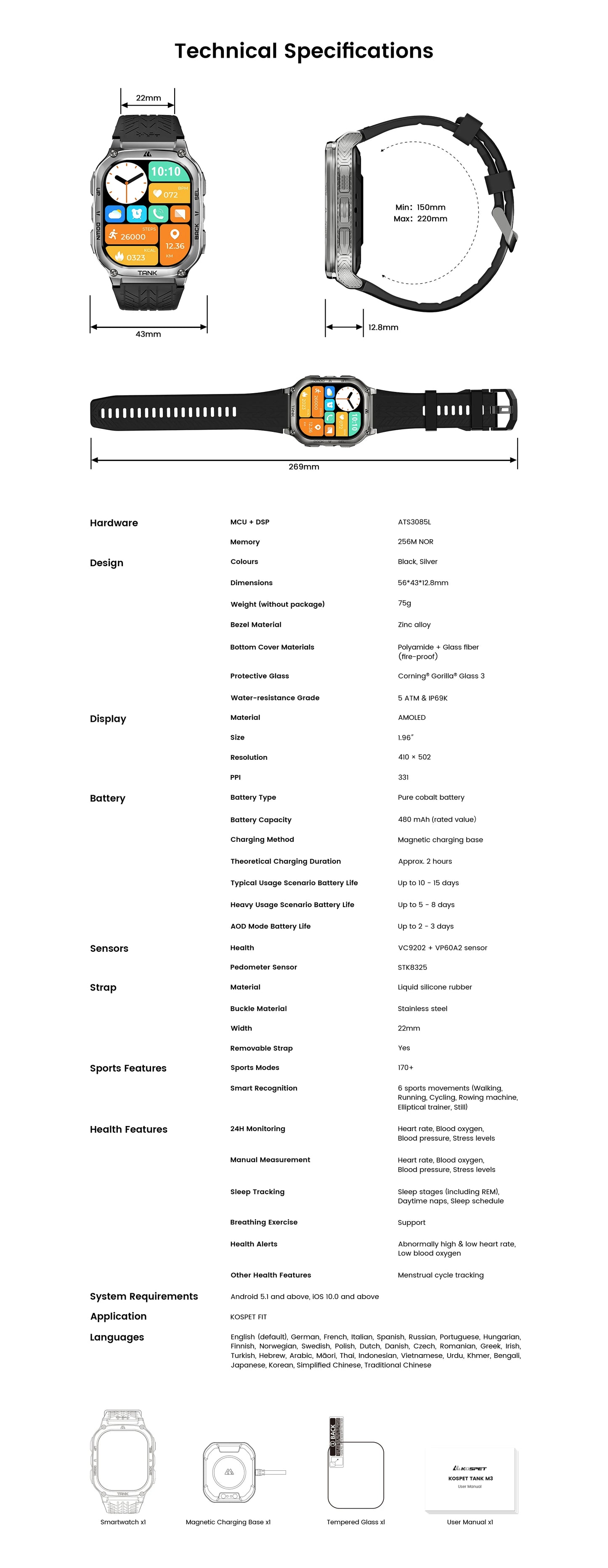 KOSPET TANK M3 Rugged Smart Watch for Men – Military Grade Durability, AMOLED Display, Bluetooth Calling & 60-Day Standby Battery