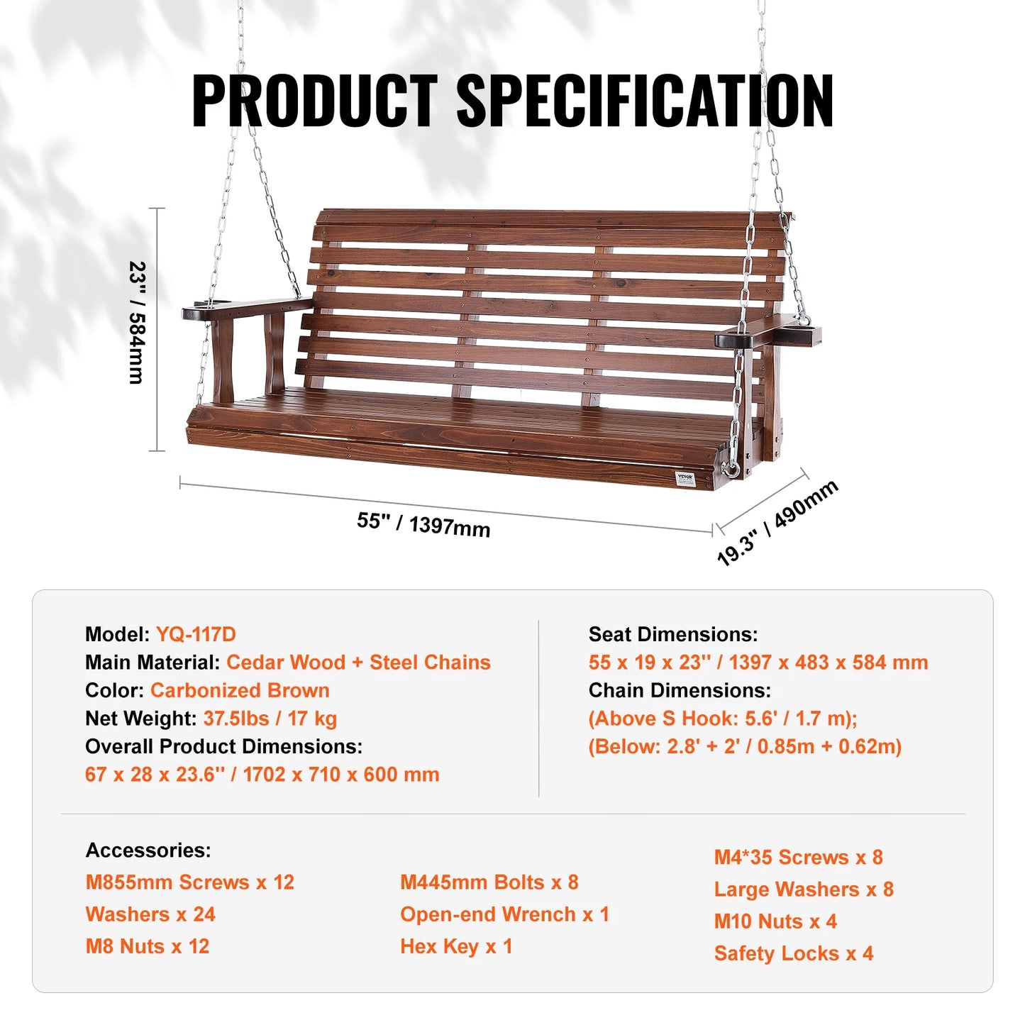 Wooden Porch Swing 5 FT – Heavy-Duty Outdoor Hanging Bench