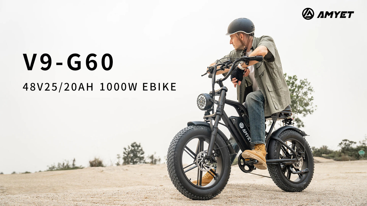AMYET V9-G60 Electric Bike – 1000W Motor, 48V 20Ah Battery, Fat Tire E-Bike with Shimano 7-Speed & Dual Suspension