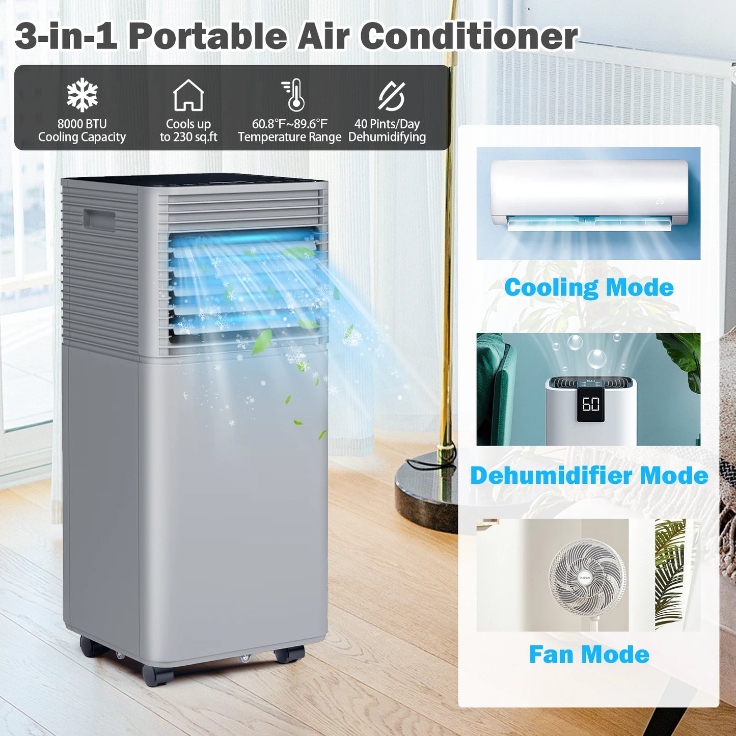 8000 BTU Portable Air Conditioner 3-in-1 with Dehumidifier, Fan Mode, Remote Control, and Window Kit – Ideal for Rooms up to 230 sq. ft.