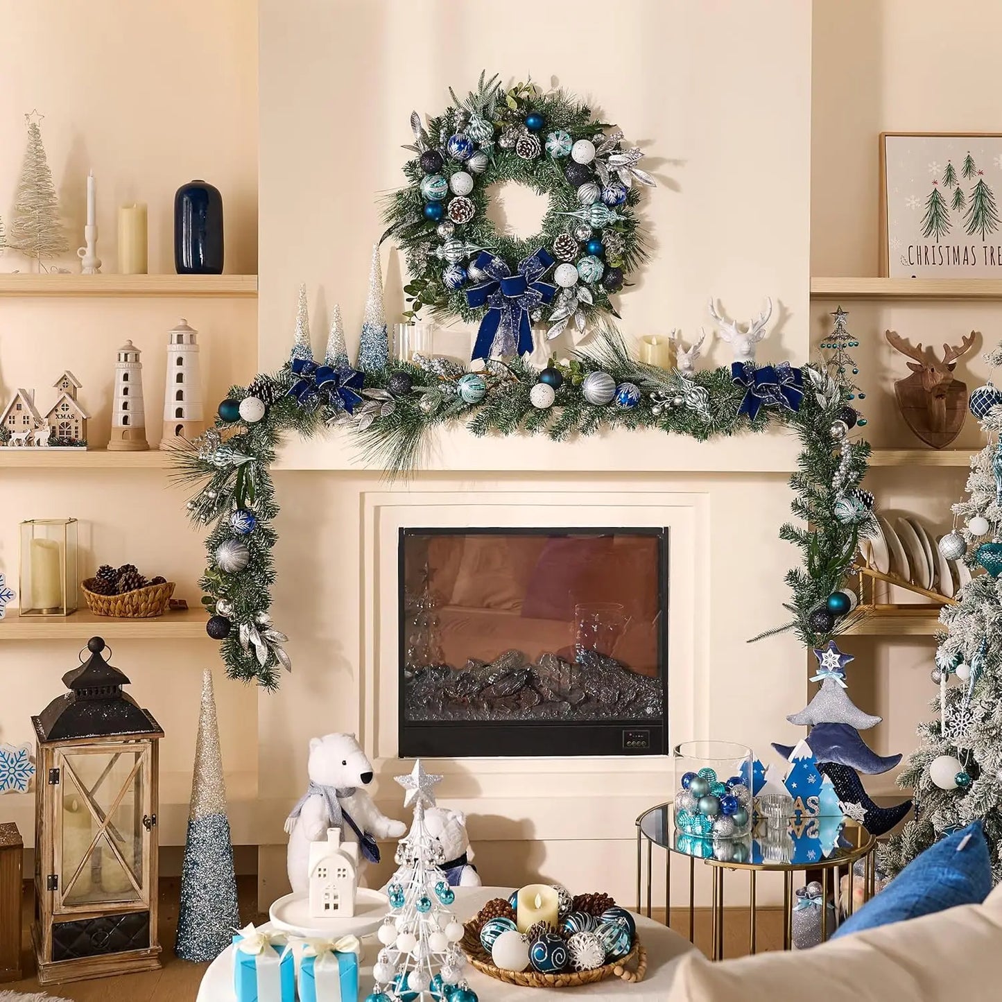 Large Outdoor Lighted Christmas Wreath with Silvery Blue Accents for Front Door, 24 Inch Pre-Lit Holiday Decoration