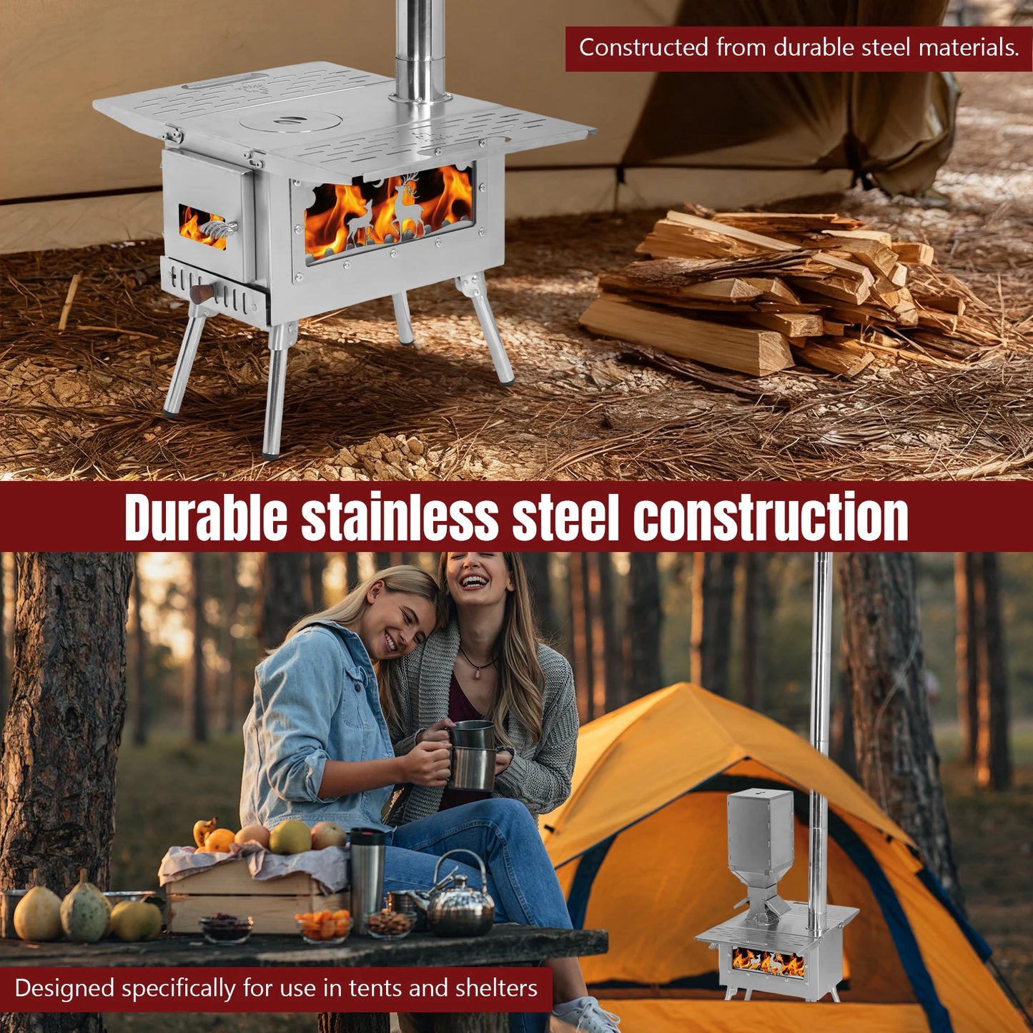 Portable Wood Burning Stove – Stainless Steel Tent Stove with Chimney Pipe & Pellet Burner for Outdoor Cooking