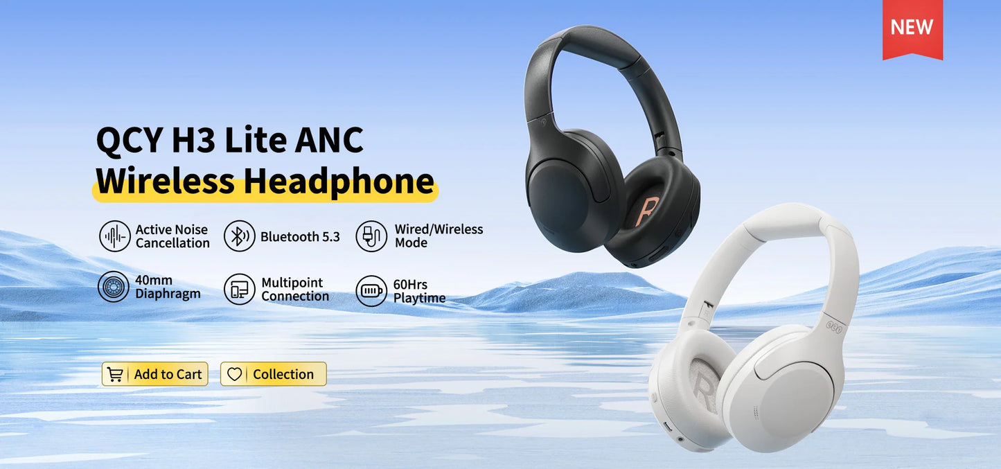 QCY H3 Lite ANC Wireless Headphones Bluetooth 5.3 Over-Ear Headset with HiFi Sound, 40mm Drivers & 60H Battery Life