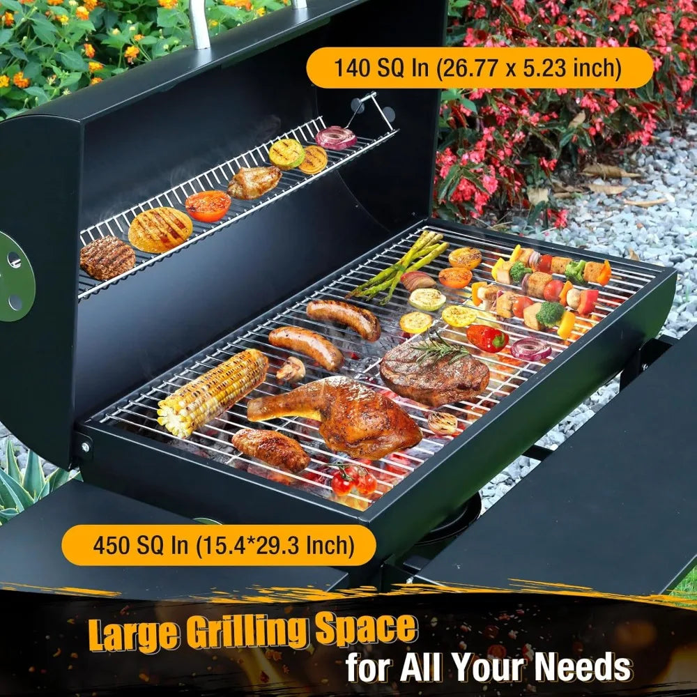 Outdoor Barrel Charcoal BBQ Grill with Side Table and Wheels – High-End Smoker Combo