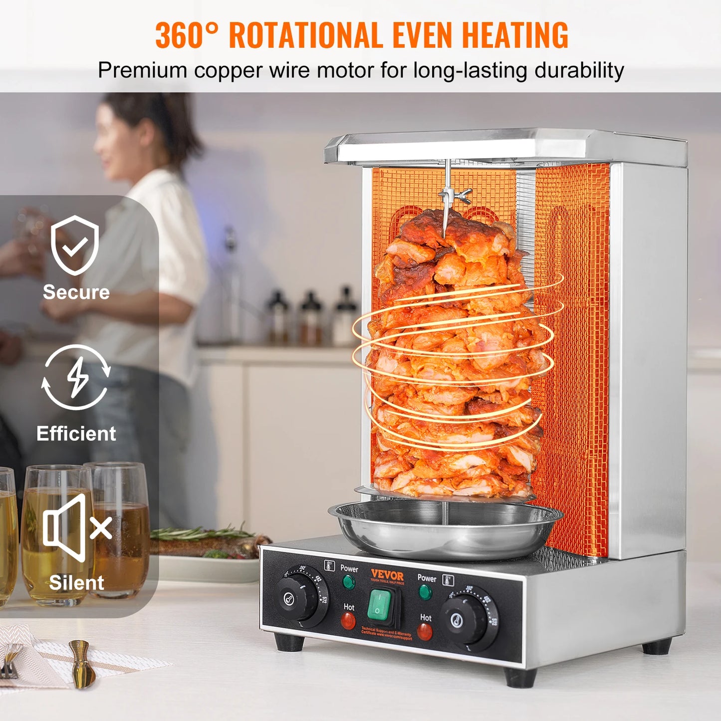 SucceBuy Shawarma Grill Machine 13lbs Electric Vertical Rotisserie with Dual Heating Control & 360° Rotational Heating