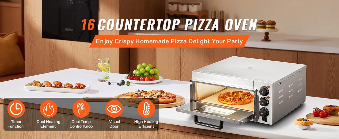 VEVOR 16" Countertop Electric Pizza Oven with Dual Heating Tubes & Adjustable Temp Control, Stainless Steel Commercial Pizza Maker