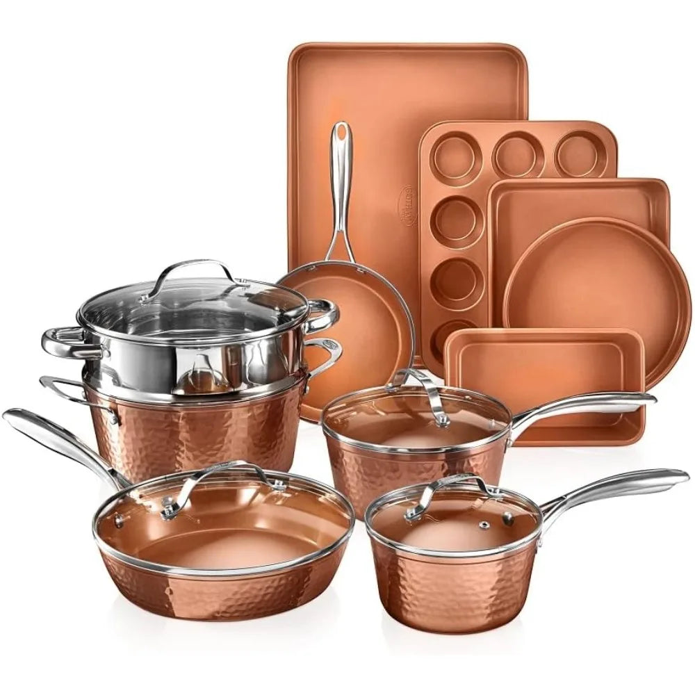 Gotham Steel 15-Piece Hammered Copper Cookware & Bakeware Set – Nonstick Ceramic, Oven & Metal Utensil Safe