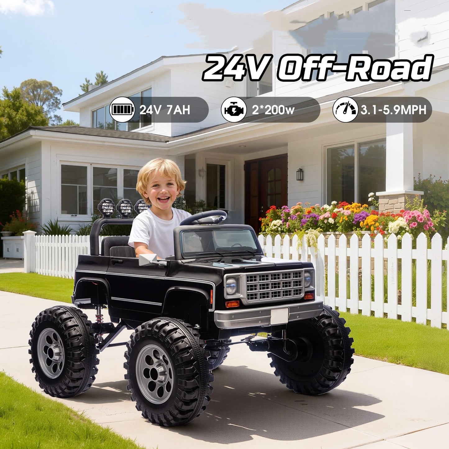 24V Off-Road Electric Ride-On Truck for Kids – Dual Motors – Big Wheels – MP3, Remote Control, LED Lights – Black