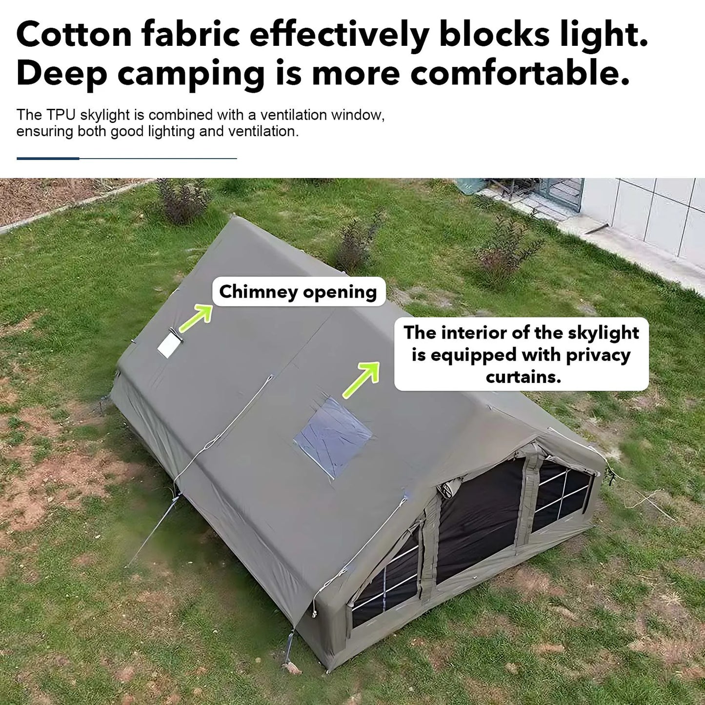 Army Green Waterproof Windproof Inflatable Camping Tent 4-Season Air Glamping Tent House with Chimney Opening & AC Vent