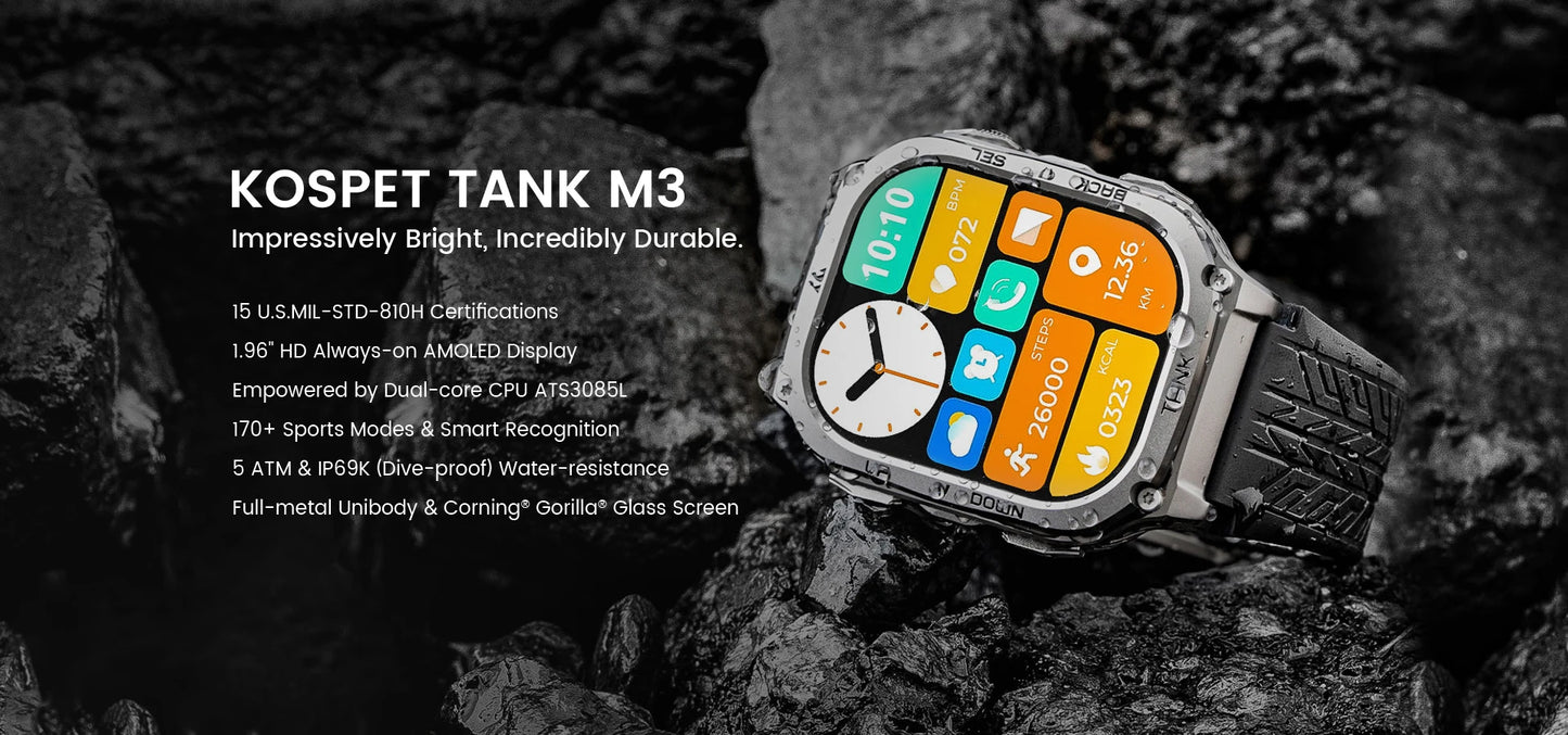 KOSPET TANK M3 Rugged Smart Watch for Men – Military Grade Durability, AMOLED Display, Bluetooth Calling & 60-Day Standby Battery