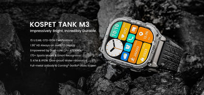 KOSPET TANK M3 Rugged Smart Watch for Men – Military Grade Durability, AMOLED Display, Bluetooth Calling & 60-Day Standby Battery