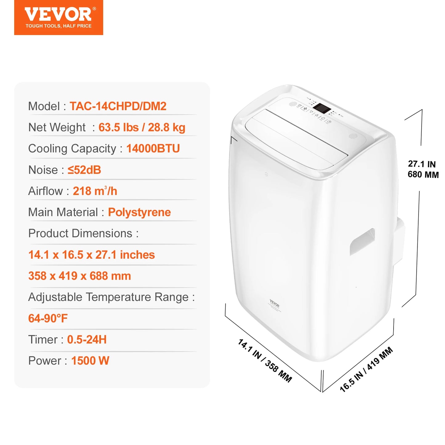 VEVOR 12,000 BTU Portable Air Conditioner – 3-in-1 Cooling, Dehumidifier & Fan for 550-700 Sq. Ft.