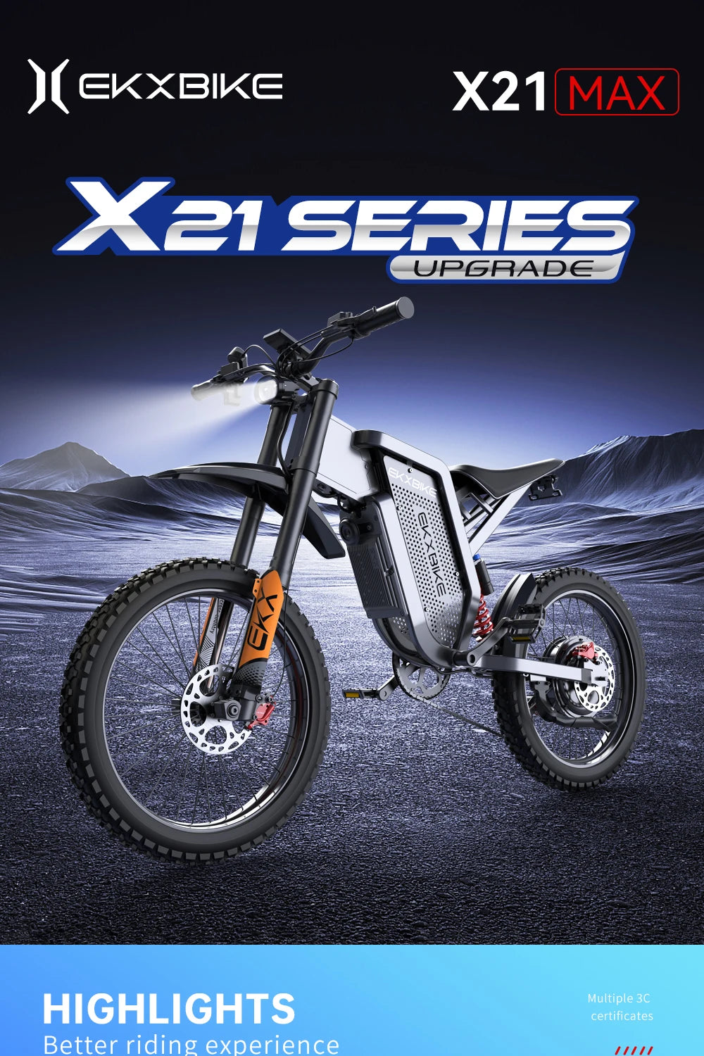 EKXBIKE X21 Max Electric Motorcycle – 3000W Brushless Motor, 60V 30Ah Battery, 85KM/H Speed, Off-Road E-Bike for Adults