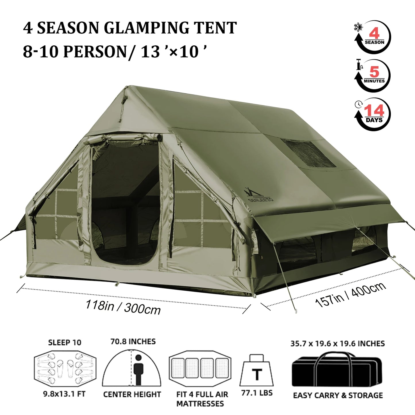 Army Green Waterproof Windproof Inflatable Camping Tent 4-Season Air Glamping Tent House with Chimney Opening & AC Vent