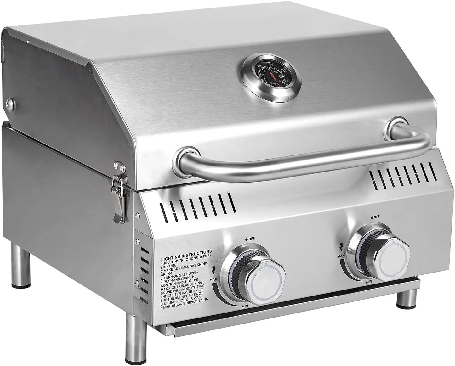 Stainless Steel Tabletop Propane Gas Grill – 2 Burners, 20,000 BTUs, Portable BBQ for Camping, Tailgating, Patio, RV Trips & Backyard Use