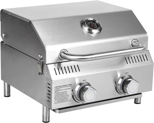 Stainless Steel Tabletop Propane Gas Grill – 2 Burners, 20,000 BTUs, Portable BBQ for Camping, Tailgating, Patio, RV Trips & Backyard Use