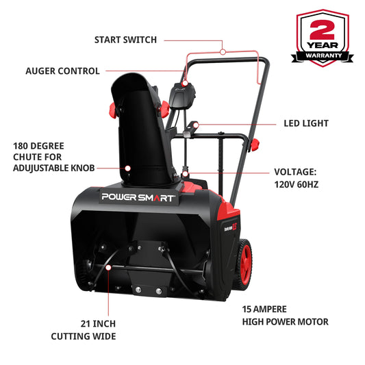 PowerSmart 15A Electric Snow Thrower – 21" Snow Blower with LED Light and 180° Chute | Corded Lightweight Snow Clearing Machine