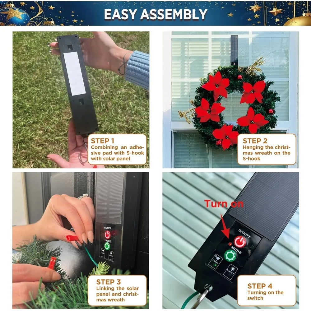 Pre-Lit Artificial 70 LED Solar Christmas Wreath, 30 Inch Outdoor Door Window Decor with Frosted Branches