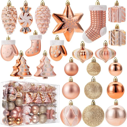 Assorted Shatterproof Christmas Tree Ball Ornaments 77 pcs Set in Rose Gold for Holiday Decorations