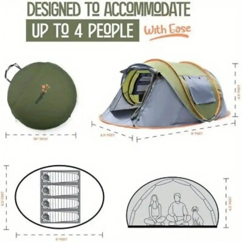 4-Person Easy Pop Up Camping Tent with 2 Doors, Waterproof & UPF50+ UV Protection