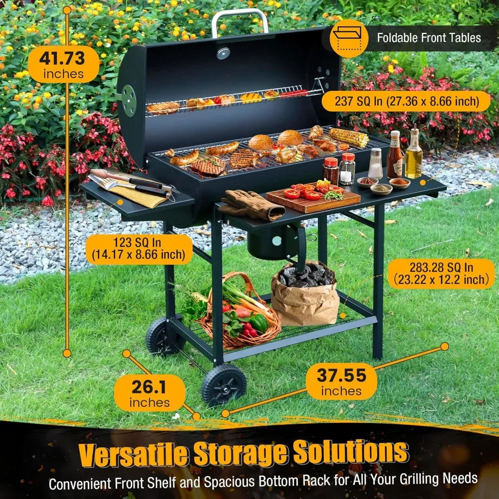 Outdoor Barrel Charcoal BBQ Grill with Side Table and Wheels – High-End Smoker Combo