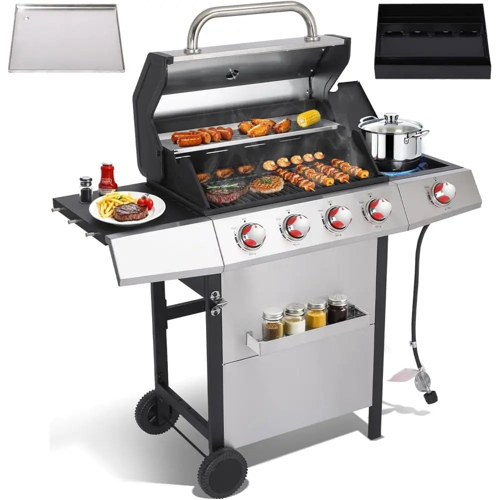GRIDDLE GRILL COMBO – PROPANE GAS AND CHARCOAL GRILL, OUTDOOR BBQ GRILLS, 4 BURNER PROPANE STOVE WITH GRIDDLE, CAST IRON GRATES
