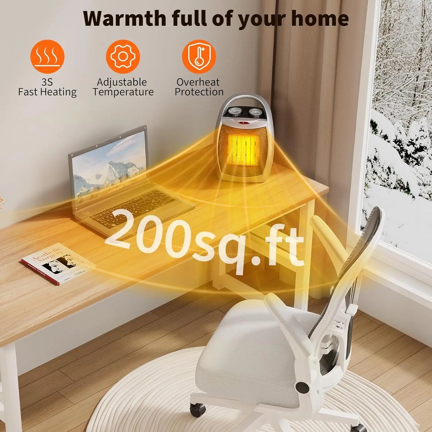 Portable Electric Space Heater for Home & Office – 1500W/750W Ceramic Desktop Heater with Thermostat, Tip-Over & Overheat Protection