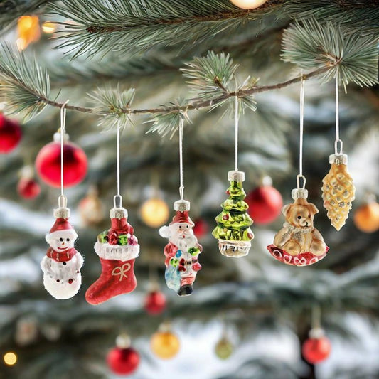 Set of 6 Festive Glass Christmas Tree Ornaments Featuring Adorable Reindeer Penguin and Gingerbread Man Designs