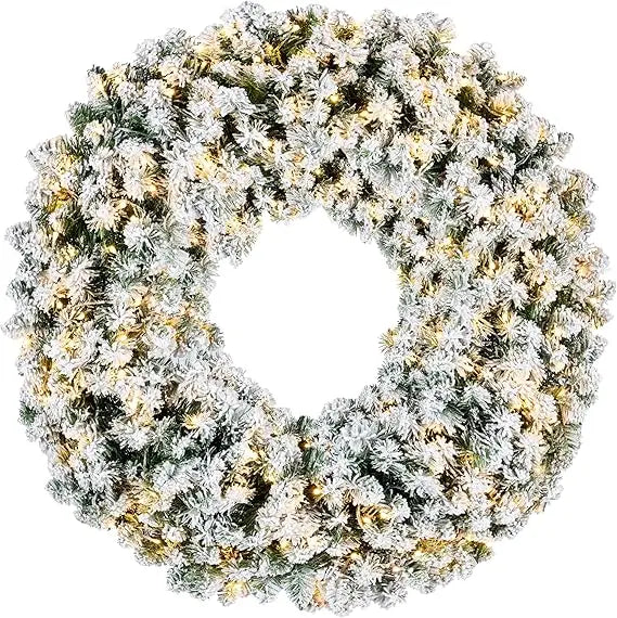 Large 30-inch Flocked Artificial Pre-Lit Fir Christmas Wreath with 100 Dual LED Lights - Holiday Decor Accent
