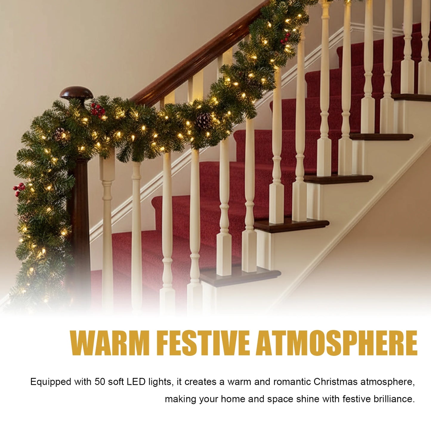 270cm Christmas Wreaths with 50 LED Lights Artificial Front Door Rattens Decor Xmas Faux Garland for Fireplace Stair Xmas Decor