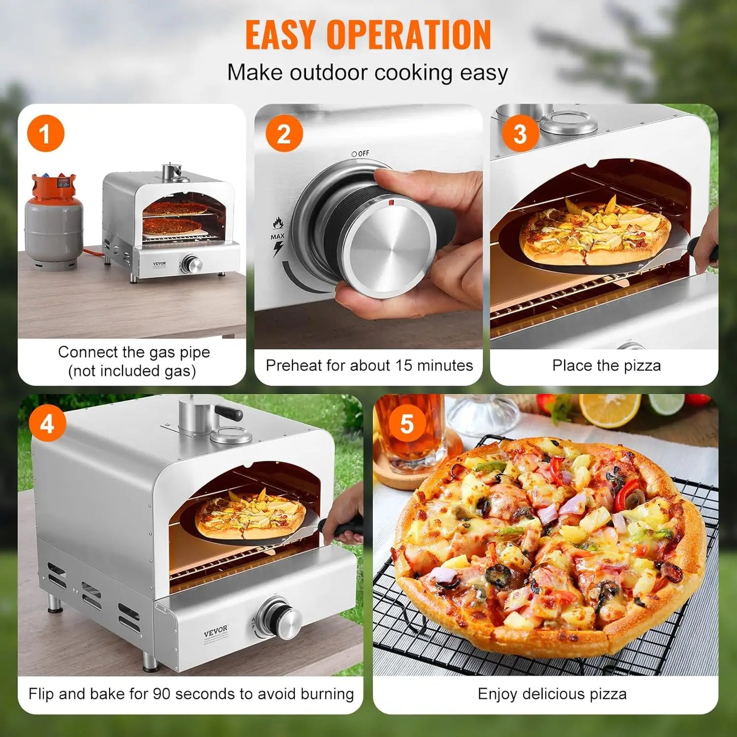 Vevor 2-in-1 Outdoor Gas Pizza Oven & Grill – Stainless Steel, 1000°F Max Heat, with Pizza Stone, Visual Door & Thermometer