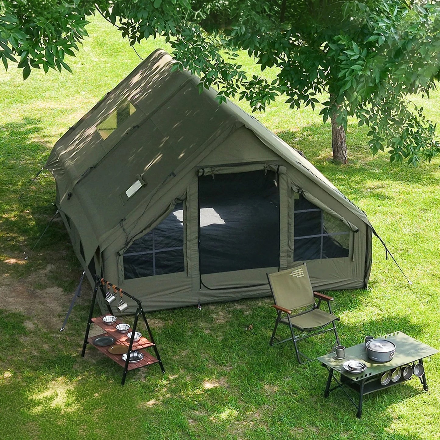 Army Green Waterproof Windproof Inflatable Camping Tent 4-Season Air Glamping Tent House with Chimney Opening & AC Vent