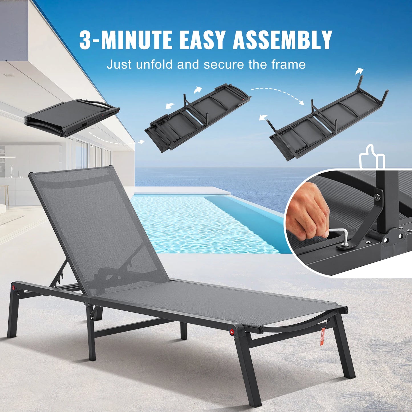 SucceBuy Chaise Lounge Chair Outdoor Aluminum Patio Lounge Folding Pool Lounge Recliner Full Flat