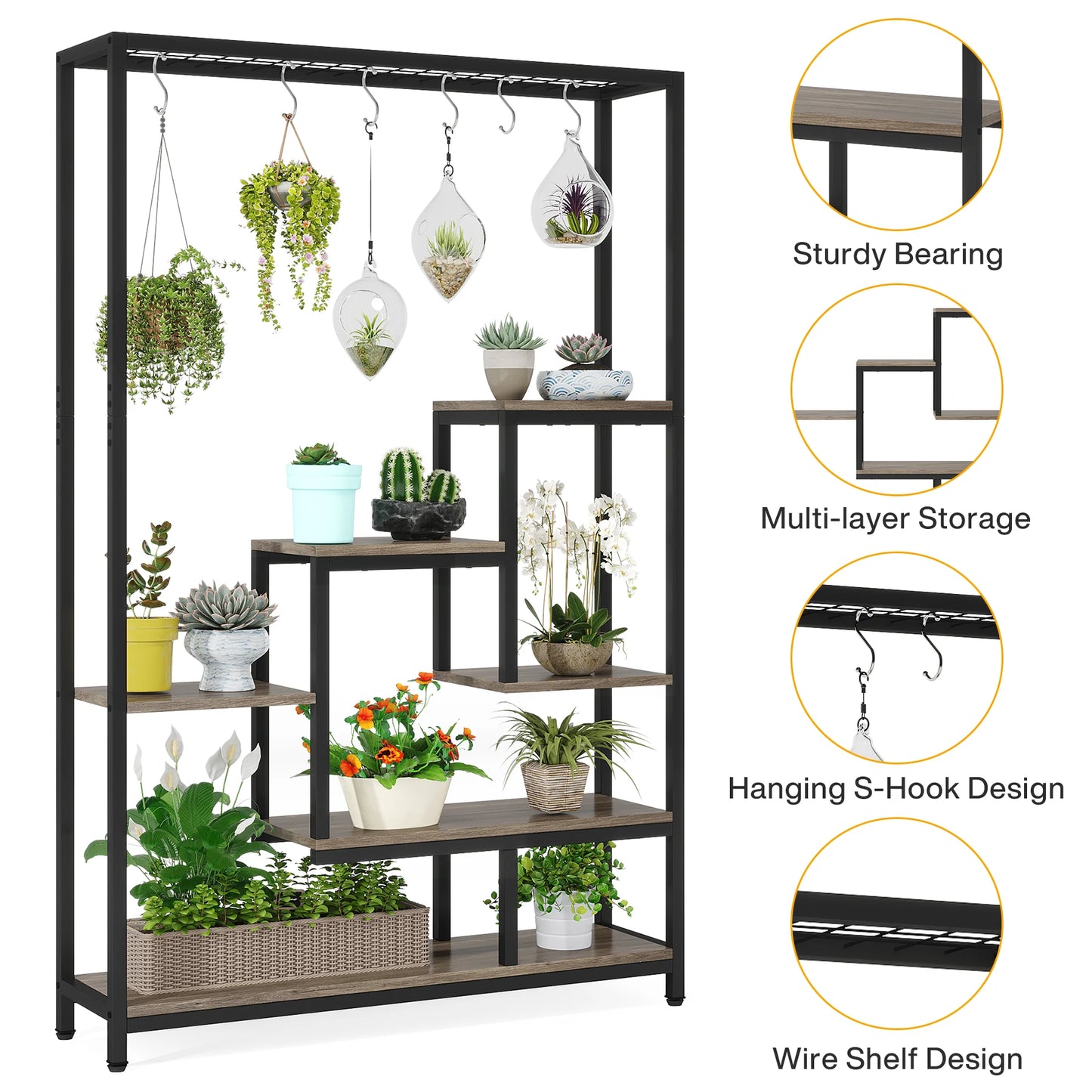 Tribesigns 5-Tier Tall Indoor Plant Stand, 70.9" Large Metal Plant Shelf with 10 Hanging Hooks for Garden, Balcony, Living Room & Patio