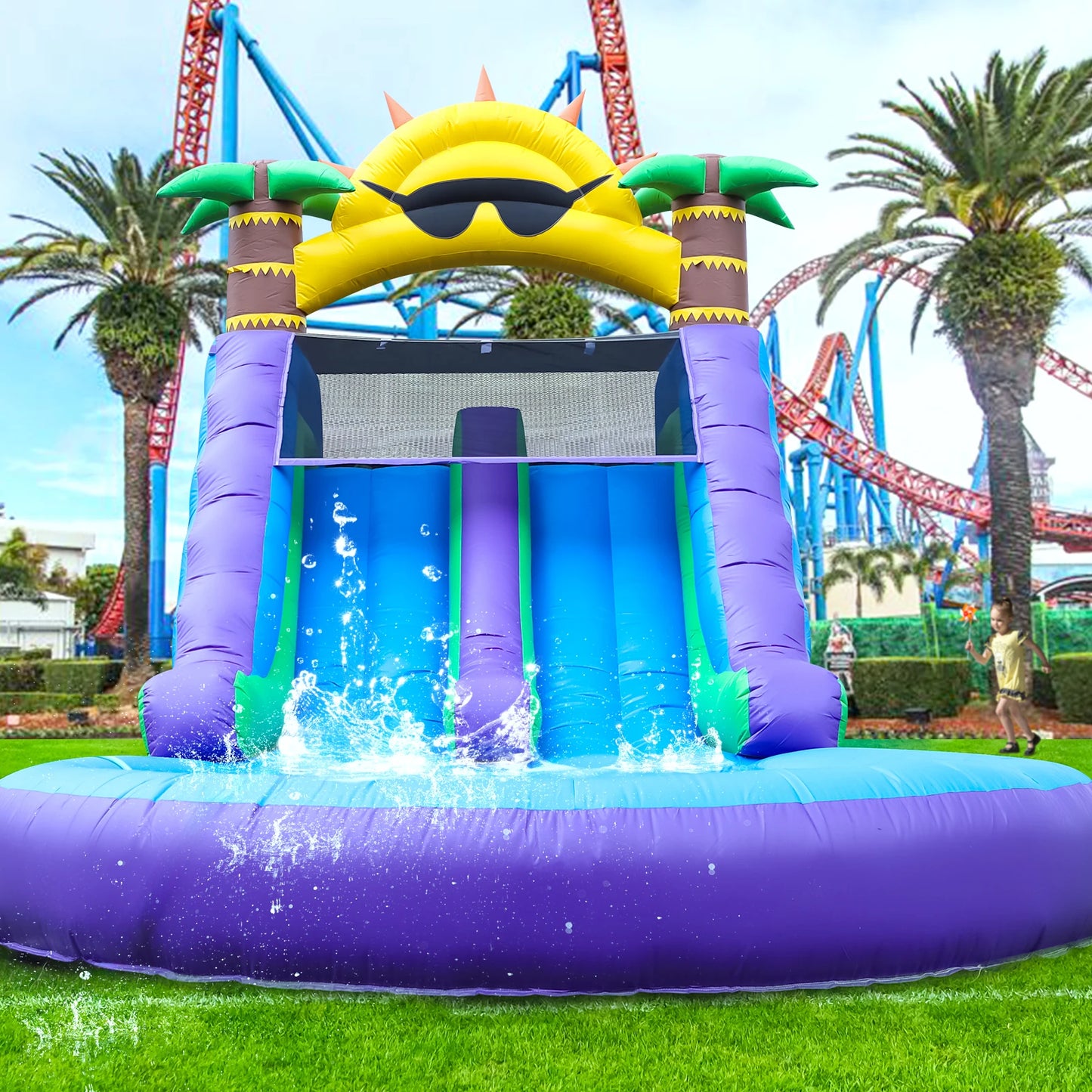 Inflatable sunflower water slide with splash pool, double slides, and air blower