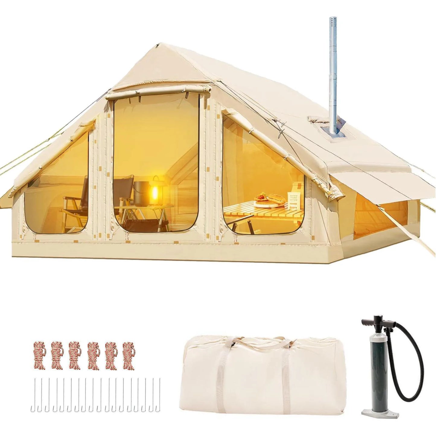 Inflatable Camping Tent for 1-6 People with Skylight, Stove Jack & PU3000 Waterproof Protection
