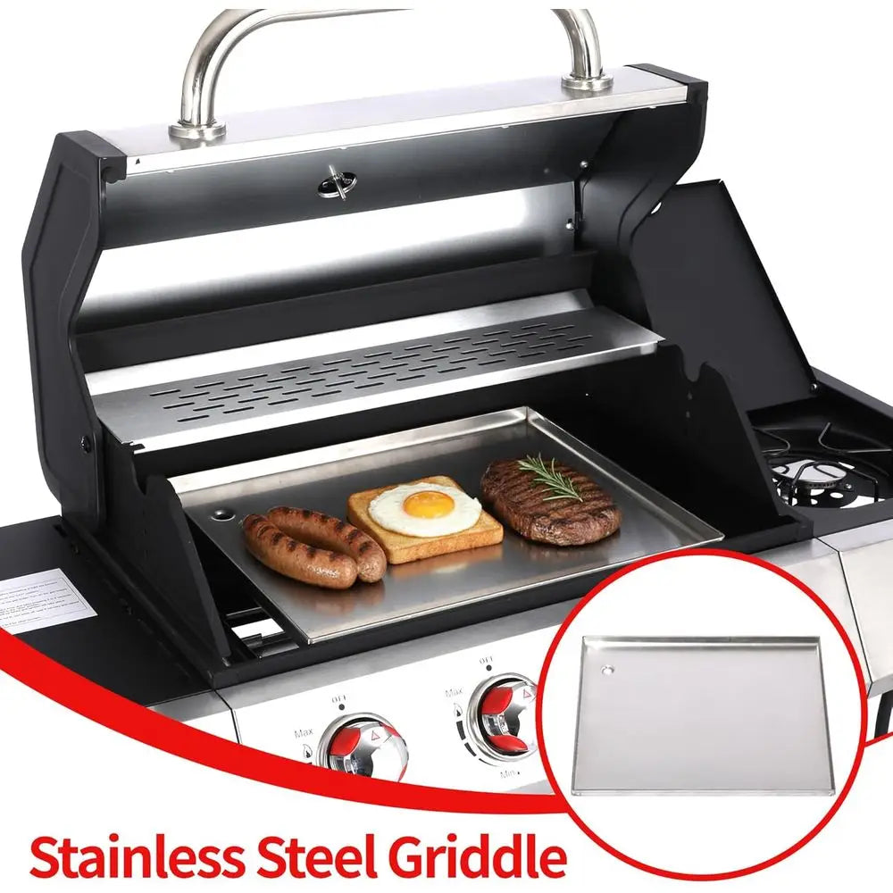 GRIDDLE GRILL COMBO – PROPANE GAS AND CHARCOAL GRILL, OUTDOOR BBQ GRILLS, 4 BURNER PROPANE STOVE WITH GRIDDLE, CAST IRON GRATES