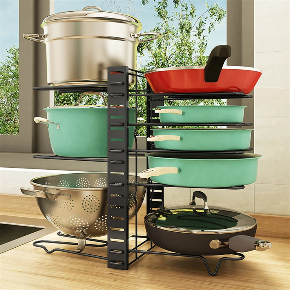 8-Tier Adjustable Pot & Pan Organizer Rack | Heavy-Duty Iron Storage Shelf for Kitchen Cabinets