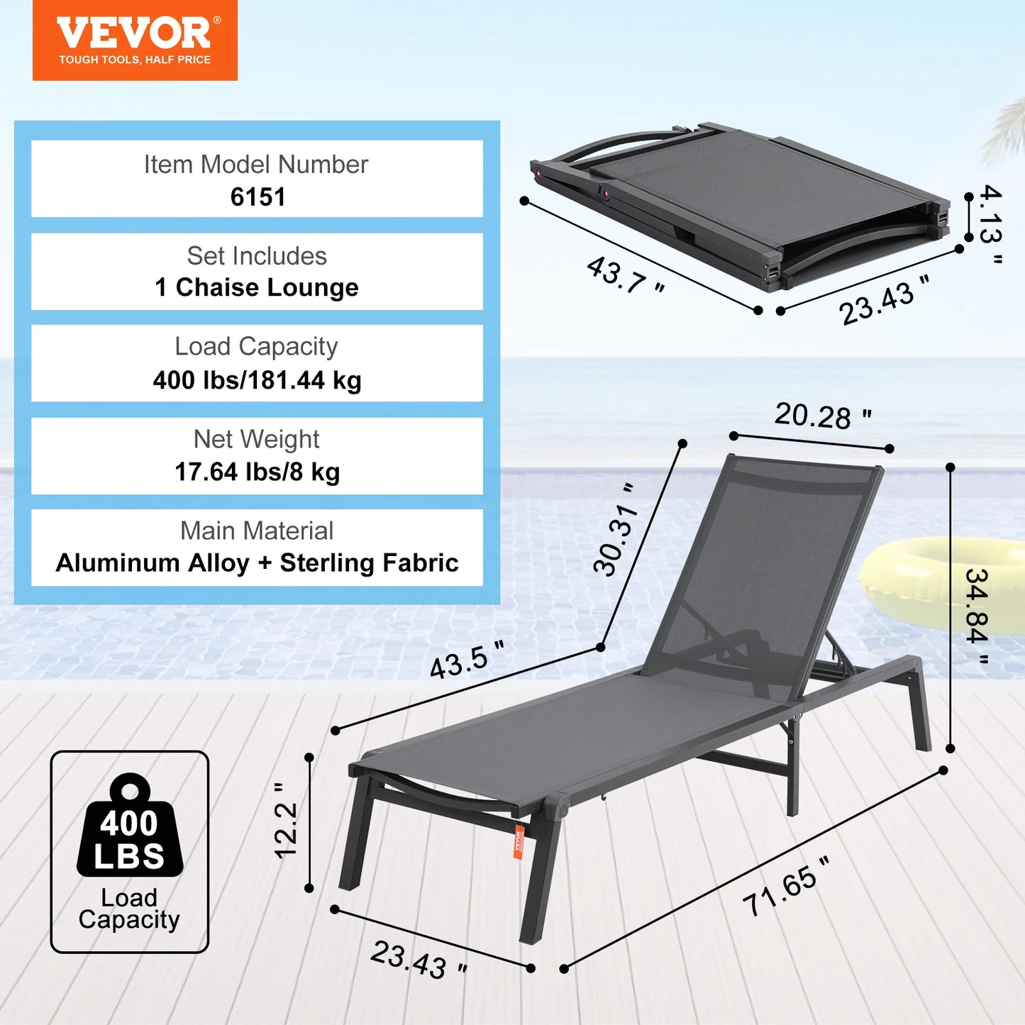 SucceBuy Chaise Lounge Chair Outdoor Aluminum Patio Lounge Folding Pool Lounge Recliner Full Flat