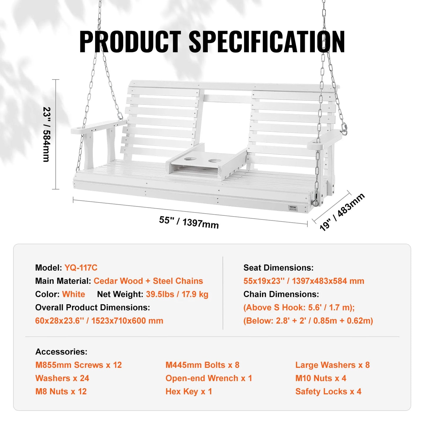 Wooden Porch Swing 5 FT – Heavy-Duty Outdoor Hanging Bench