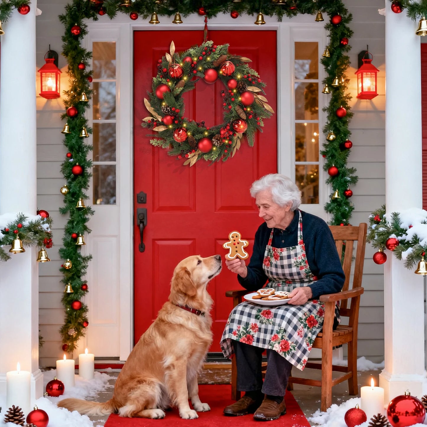 Battery Operated Christmas Wreath 24 Inch  No Cords Needed  50 LED Lights & Shatterproof Berry/Ball Decor, Perfect for Outdoor F