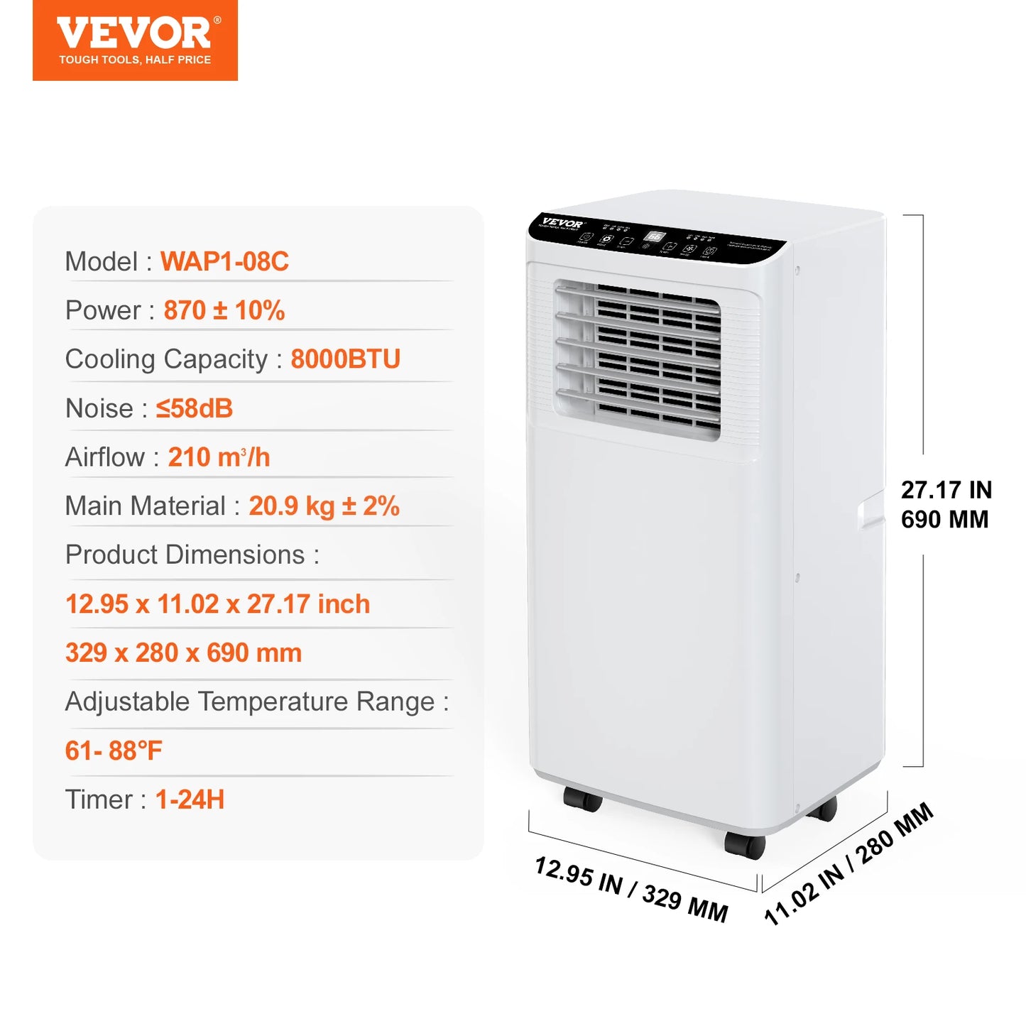 VEVOR 12,000 BTU Portable Air Conditioner – 3-in-1 Cooling, Dehumidifier & Fan for 550-700 Sq. Ft.